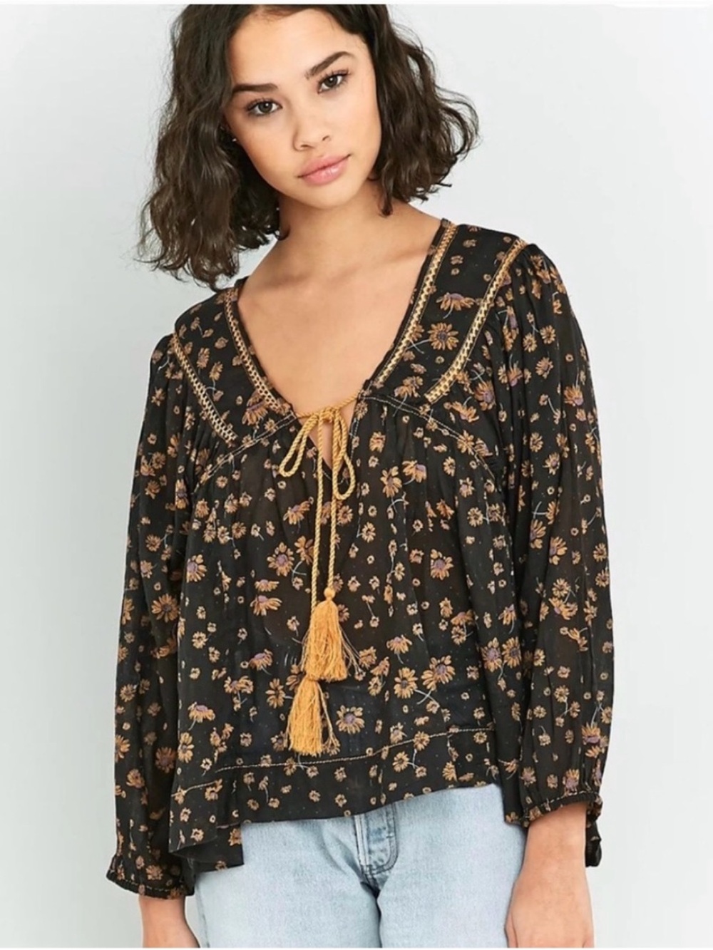 Free People Never a Dull Moment Floral Boho Peasant Puff Sleeve Yellow Blouse